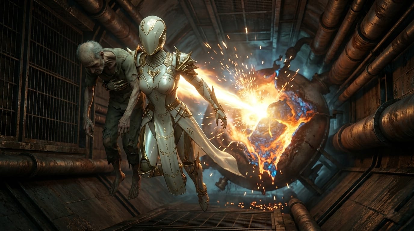 A champion in white marble armor cornering a trembling old man in a tunnel flooded with red neon.