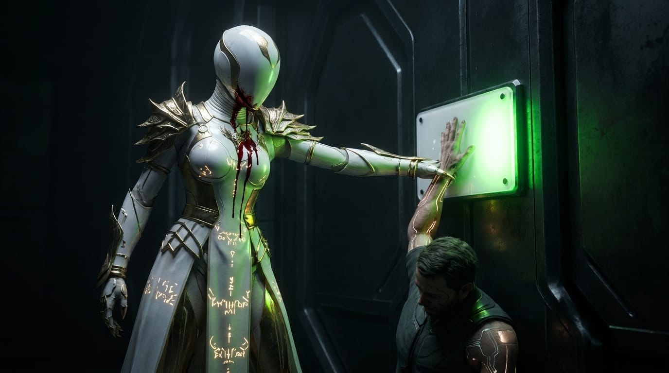 A marble-armored champion presses an old man's hand against a milky glass plate, blood at her nose.