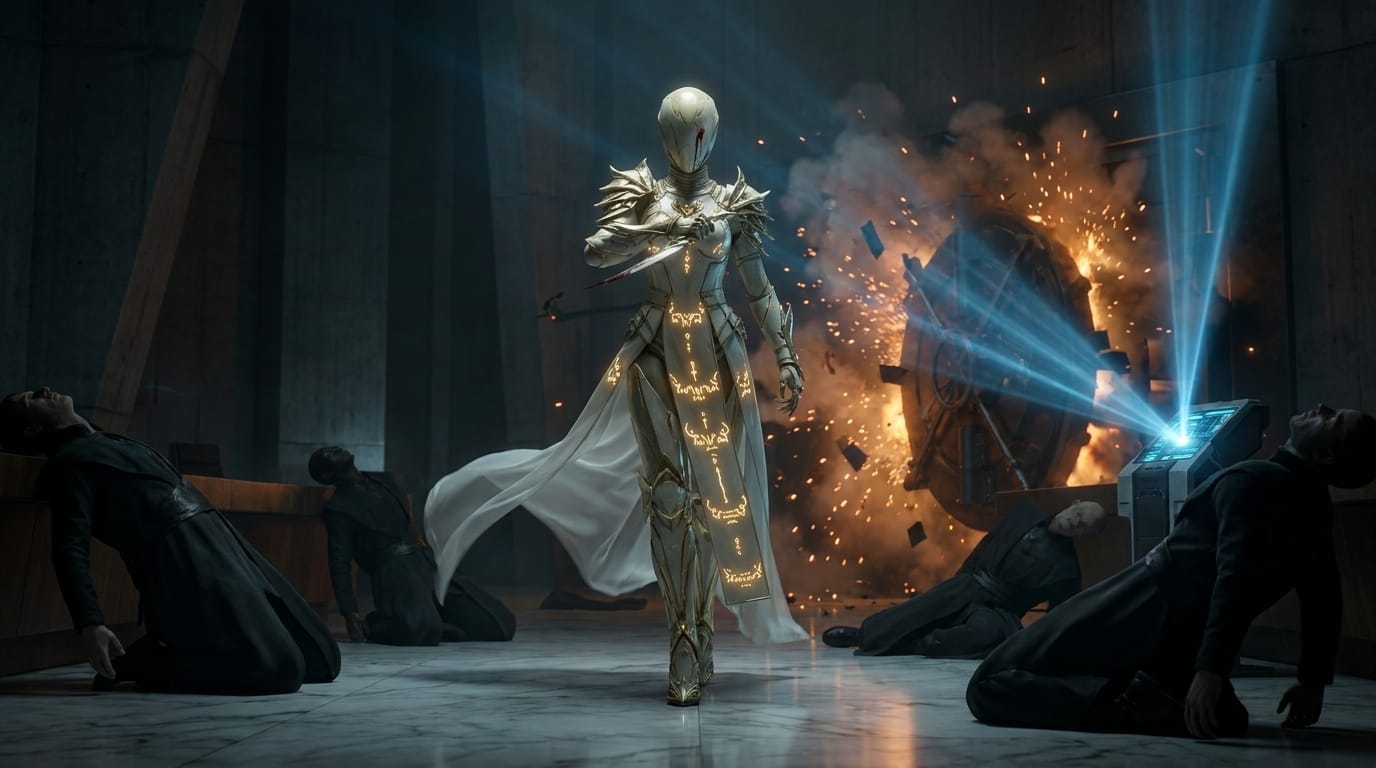 NEME.SYS in white and gold armor advances into a dark room where five robed men collapse near a holographic terminal.