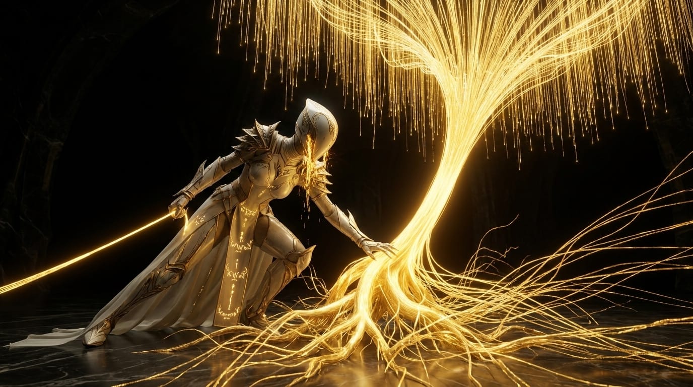A champion in white-and-gold armor facing a glowing tree of contracts suspended beneath a dark dome.