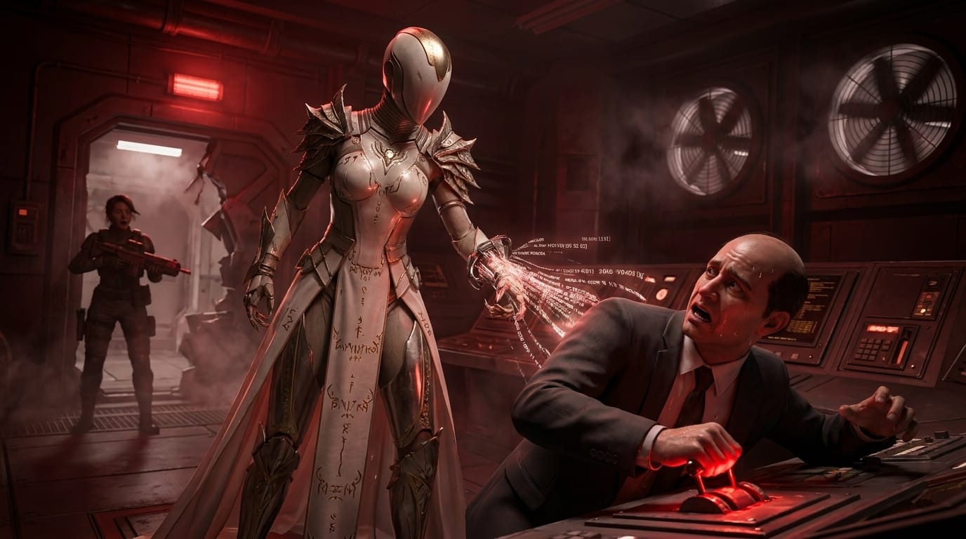 A woman in silver and marble armor tears neural data from a terrified bureaucrat, an emergency indicator light turning red behind them.