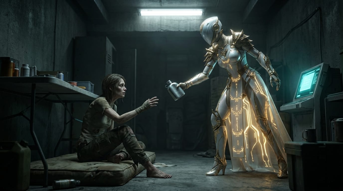 A woman with silver irises hands a metal flask to another woman huddled on a mattress under a pale neon light.