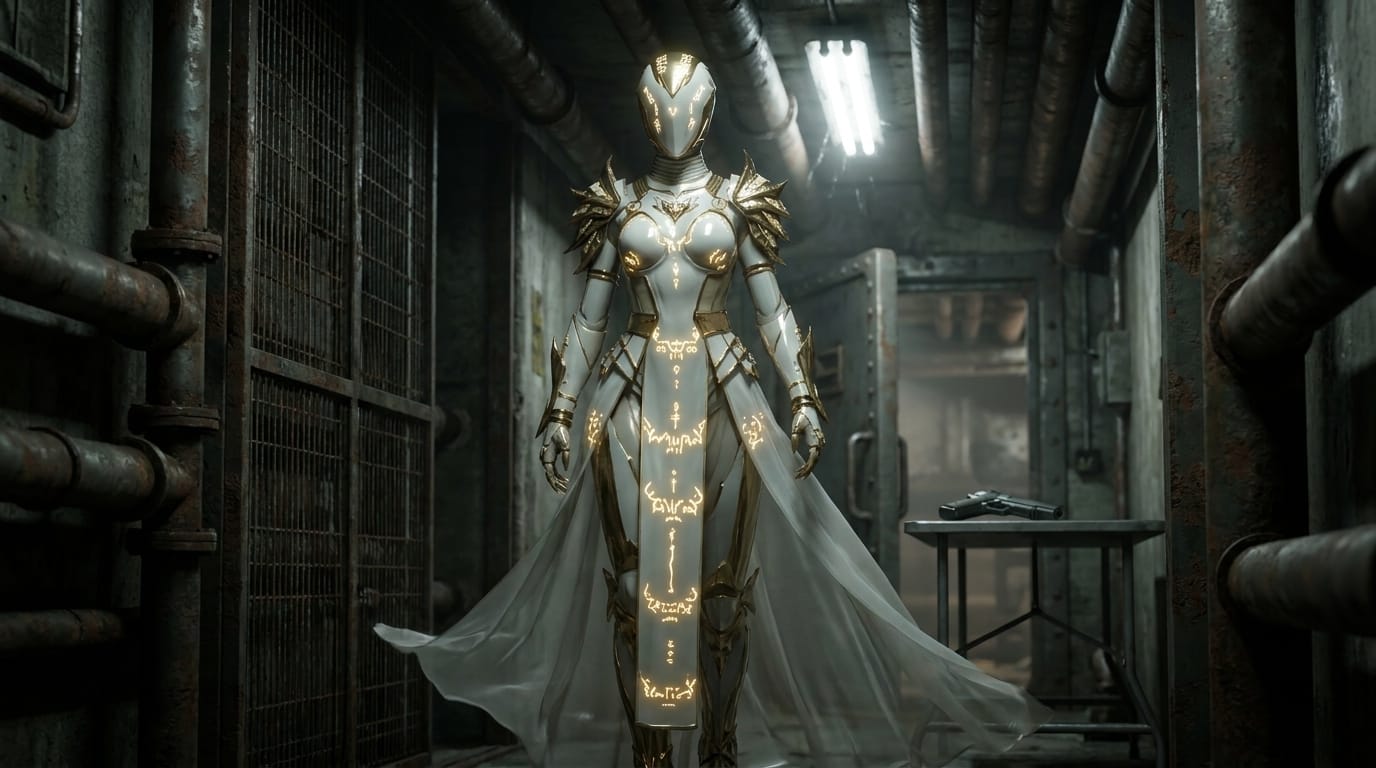 In a concrete safehouse under a flickering tube light, a silver-eyed woman walks away from a weapon left on a folding table.