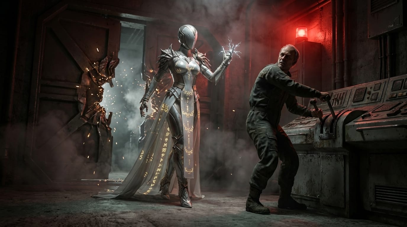 A silver-eyed woman faces an old man gripping an industrial lever in front of a factory control panel.