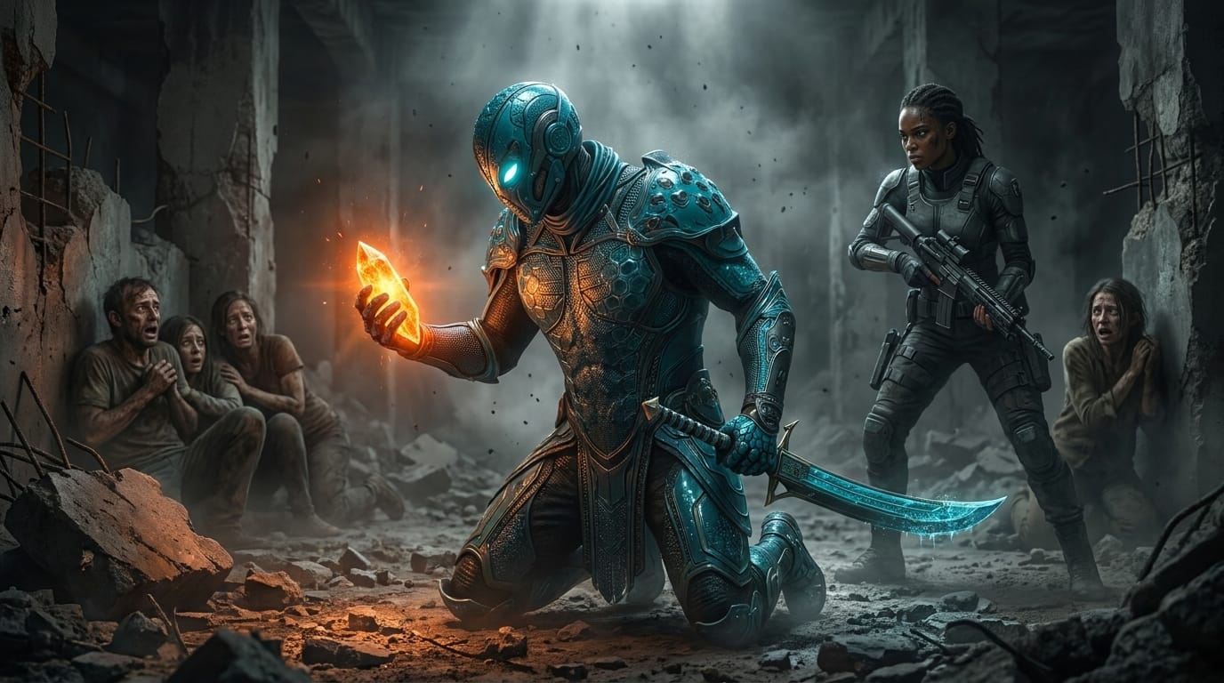 Un guerrier en armure indigo saisit un cristal terne dans des ruines poussiéreuses, soutenu par une femme armée d'un fusil.