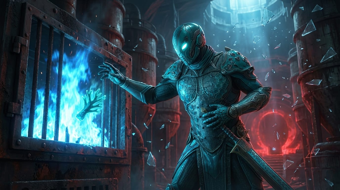 Astou destroys an optical sensor with her rifle while SΛLΛDIN tosses a decoy into a massive glowing incinerator deep in a damp complex.