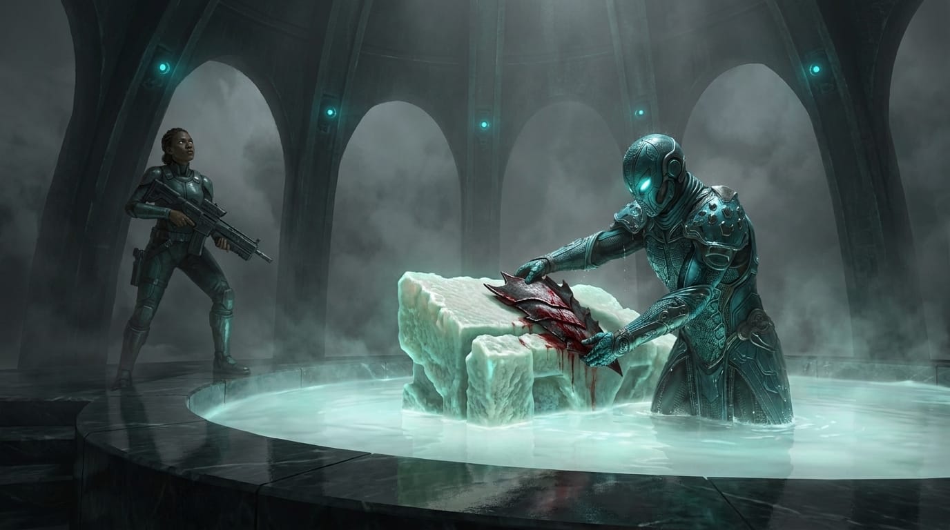 An indigo-armored warrior places a bloody metal shard on a pale coral altar, watched by a woman armed with a rifle.