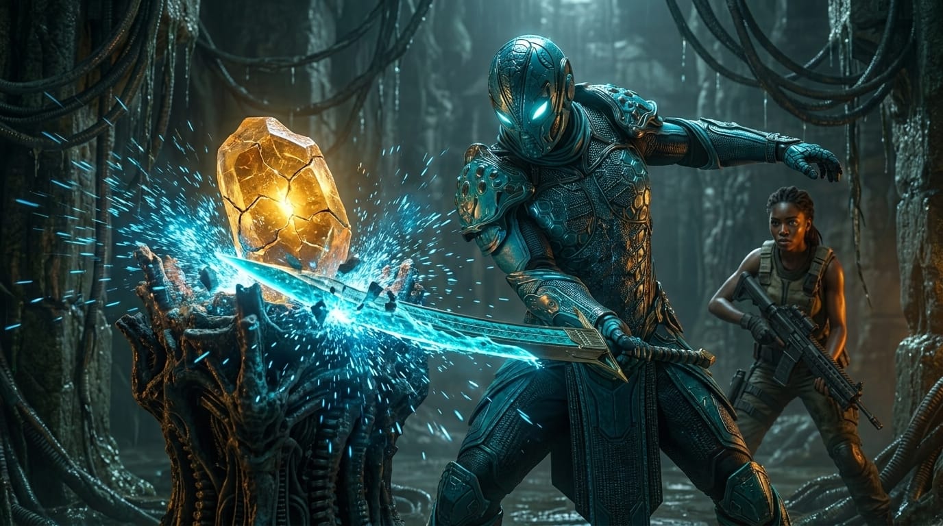 In a crypt of dangling dead cables, a cracked amber geode pulses as an indigo-armored warrior raises a khépesh of water.