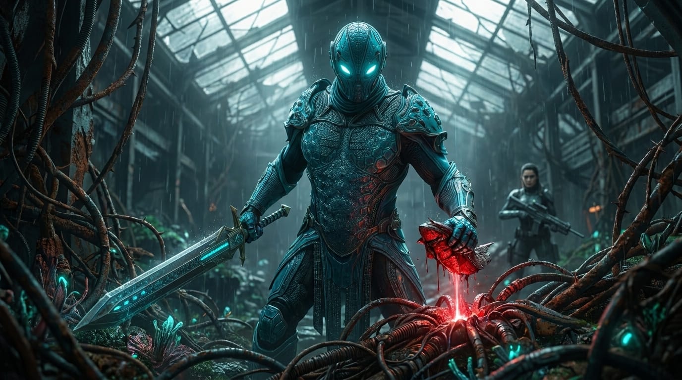 In a shattered greenhouse choked with dead cables, SΛLΛDIN lowers his water-blade above an old sculptor cradling a glowing amber nodule.