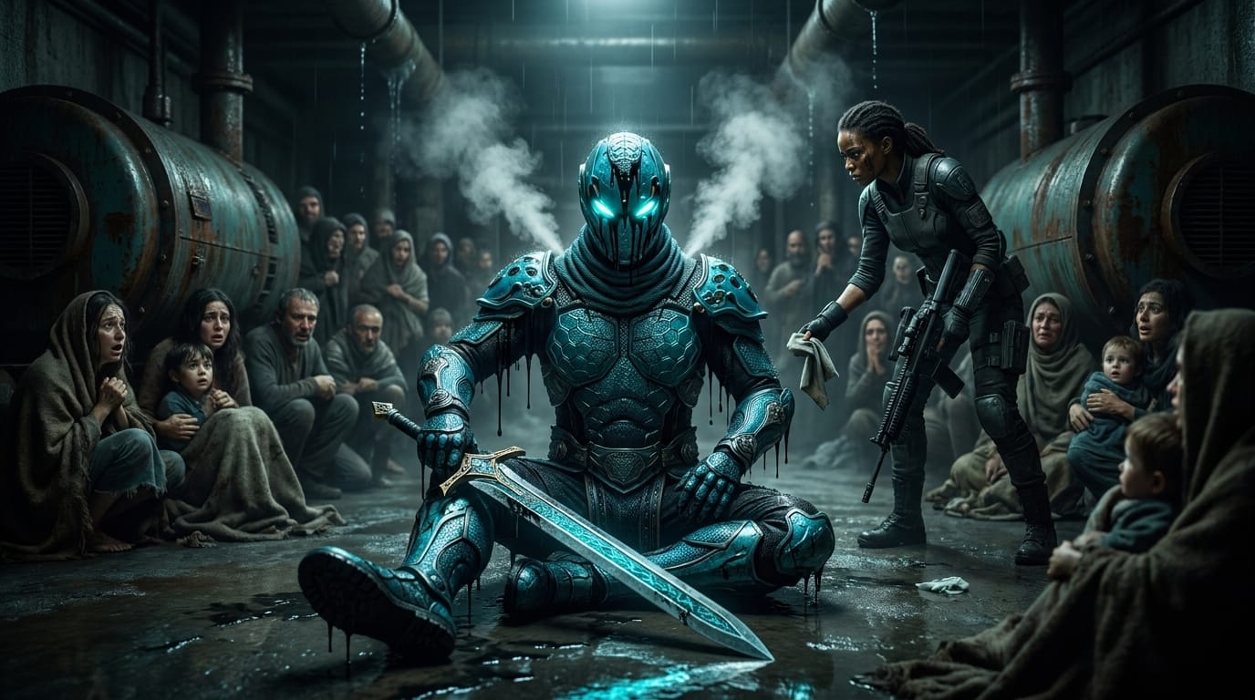 An indigo-armored warrior crosses a glowing airlock in a concrete tunnel, his jaw clenched, an armed woman covering his back.