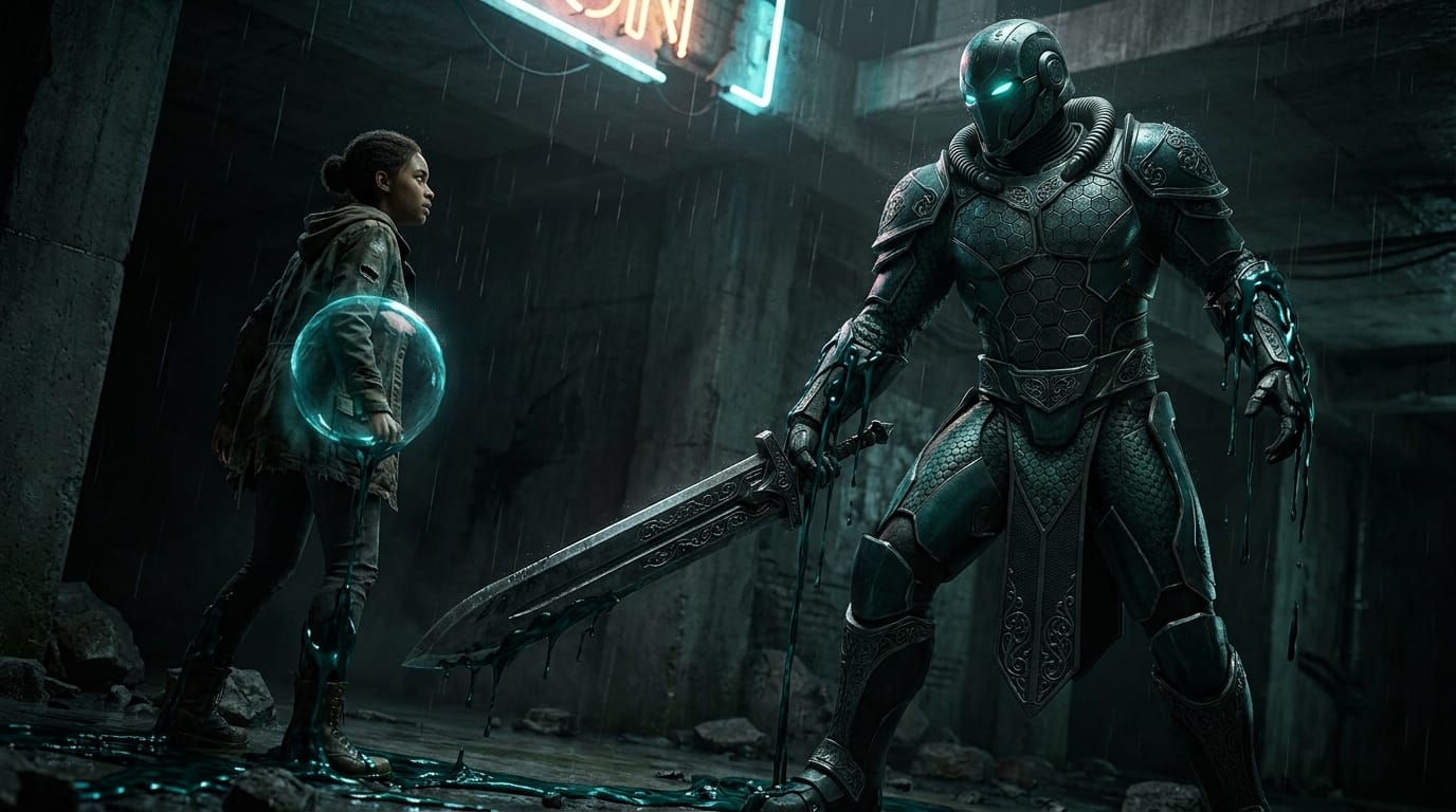 SΛLΛDIN directs a stream of dark water from his armor toward the pocket of Astou's jacket in a dimly lit underground corridor.