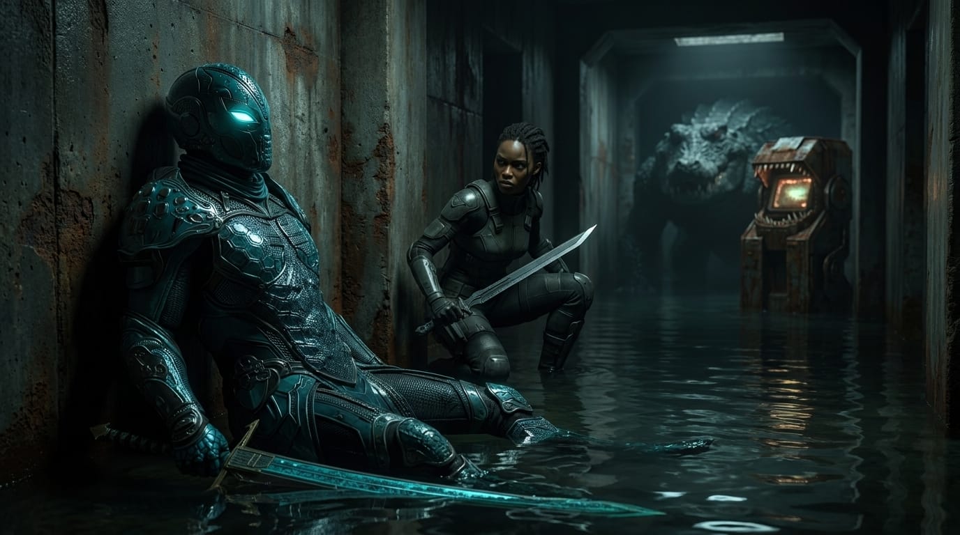 In a flooded corridor, a man in water-armor slides a metal splinter into the lit slot of an archiving terminal, a woman crouched behind him, blade across her thighs.