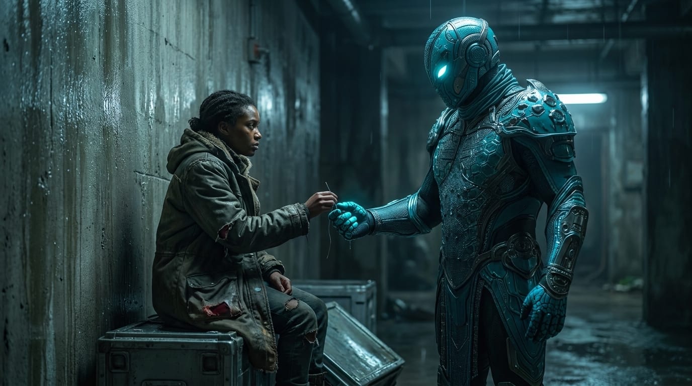 A man in blue scaled armor watches a woman resew a coat lining, seated on an overturned crate in a damp warehouse.