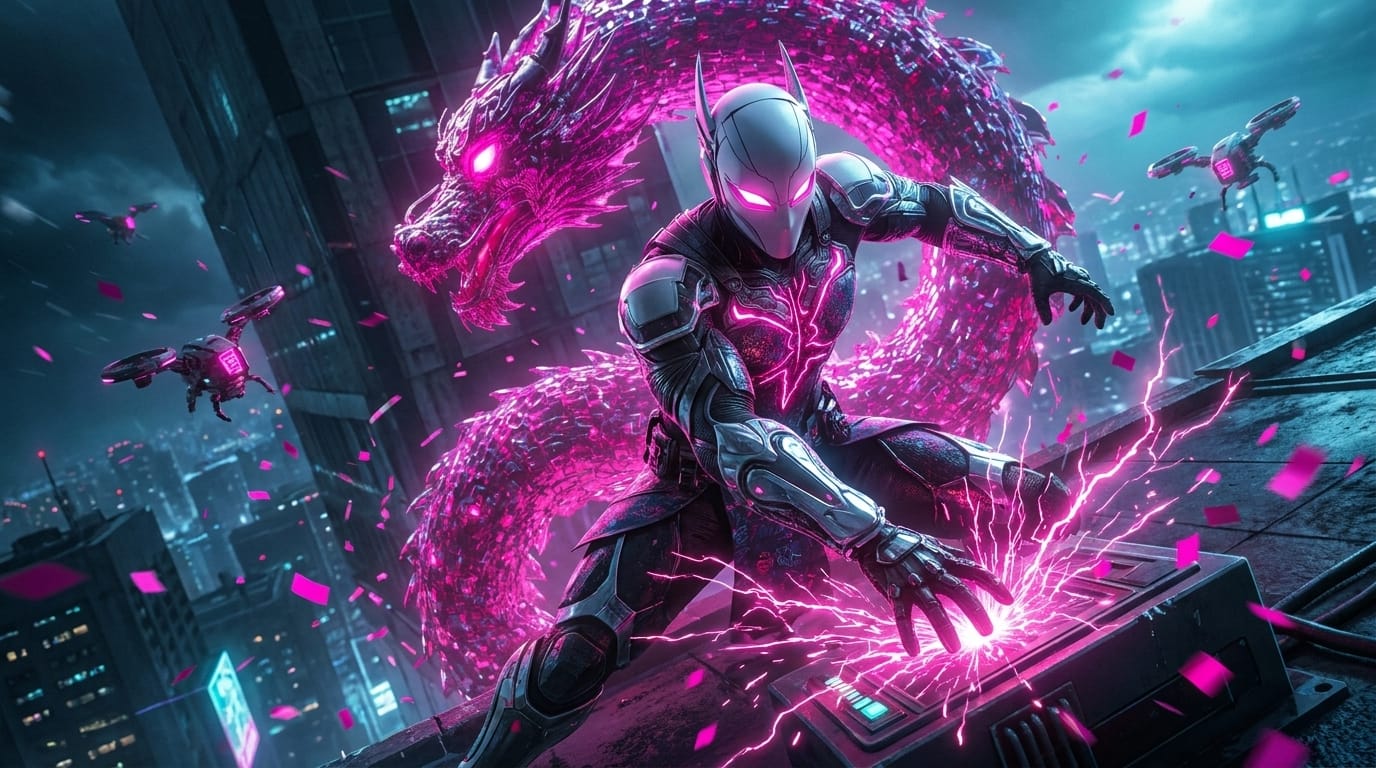 A figure in fuchsia pink armor attaches a dragon mask to his bloody face at the top of a gray tower.