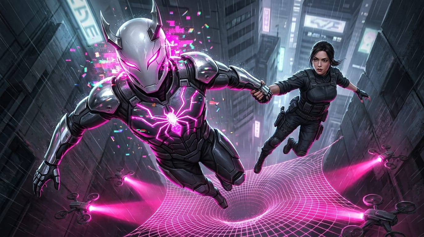 A champion in asymmetric pink armor diving into the night void, holding a woman's hand, above drone nets.