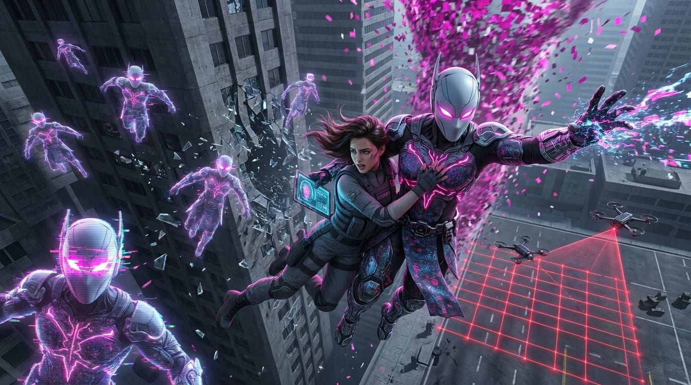 Dozens of holographic Wukong clones snicker under a storm of pink confetti, overwhelming the drone sensors above the avenue.