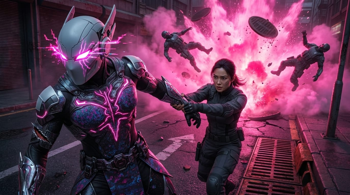 Beneath a gray avenue, manhole covers burst into pink steam geysers while a dragon-masked man forces open a steel valve.