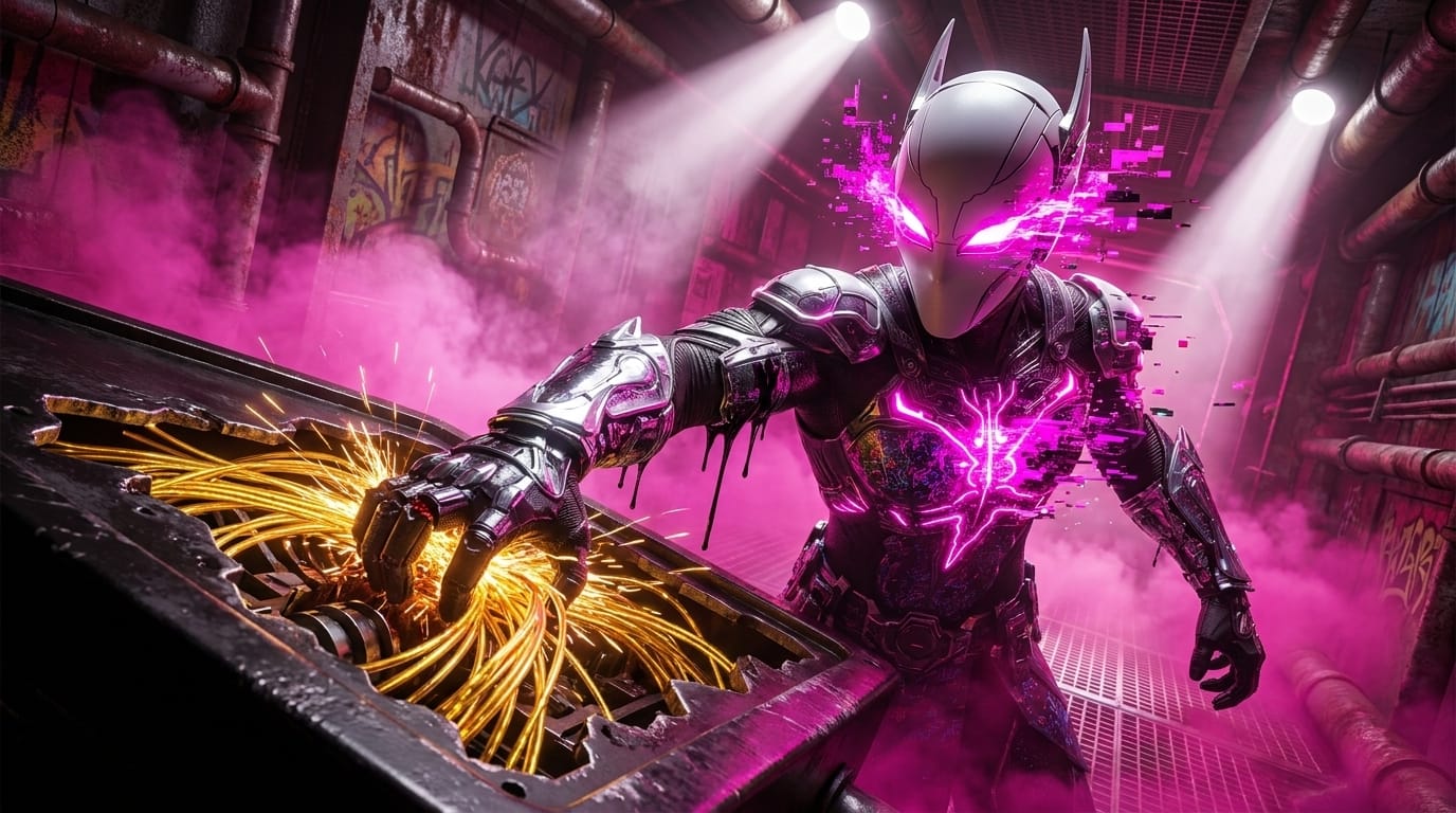 A man in pink armor plunges his hand into a nest of golden fibers at the foot of a black iron needle, while a woman hacks a grimy console.