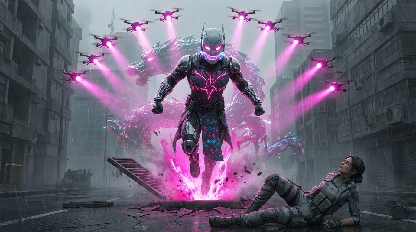 A fuchsia geyser carries two figures upward between rusted pipes, ringed by twelve drones whose beams turn pink into festive arches.