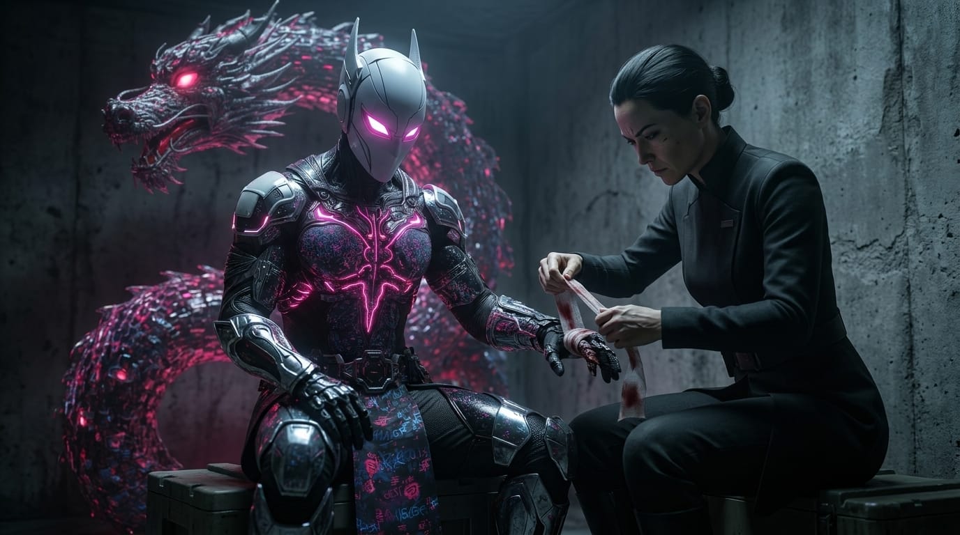 Jade tightens a bloody bandage on Wukong's twisted finger inside a dark concrete room.