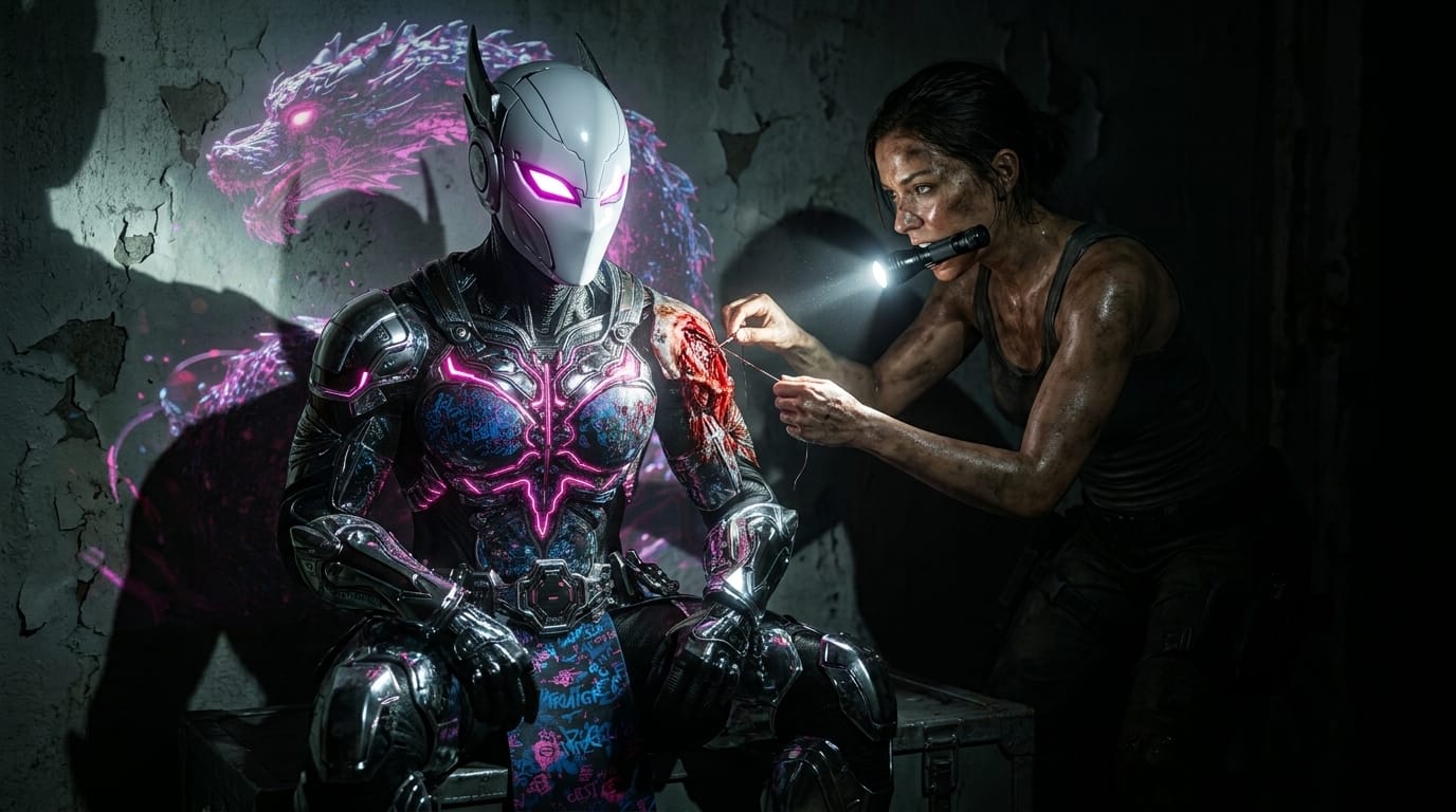 In a dark room, a woman stitches the open shoulder of a man in a pink dragon mask, lit only by a flashlight clenched between her teeth.