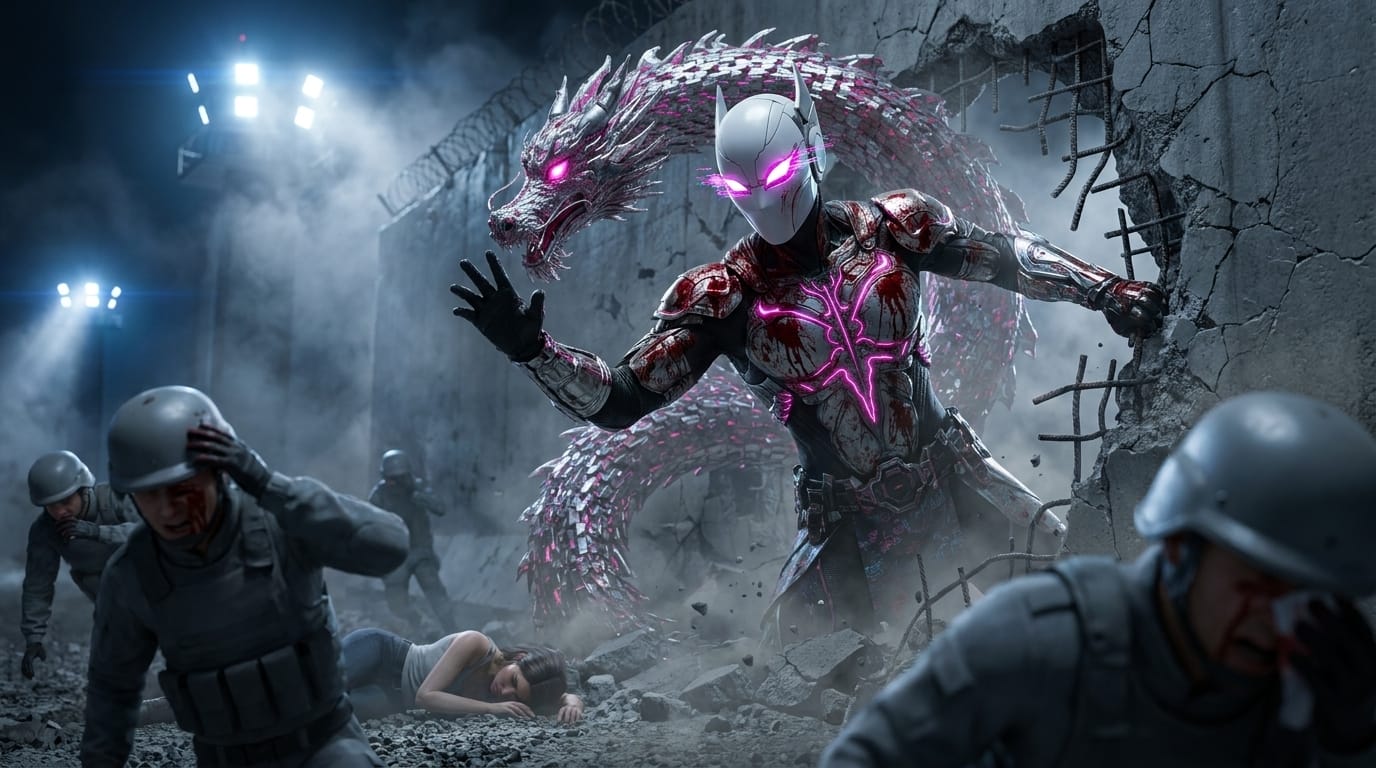 A masked man in pink armor crosses a concrete breach, collarbone torn open, under the floodlights of a military checkpoint.