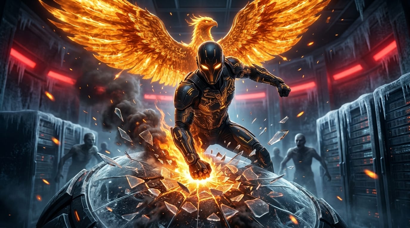 Zumbi, his obsidian arm glowing with heat, shatters a frozen glass server as refugees collapse in agony all around him.