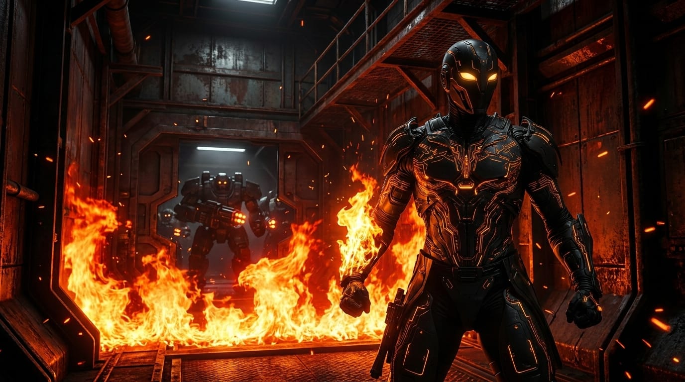 ZUMBI.NOVA blocks an obsidian corridor with a wall of fire while enraged civilians armed with debris throw themselves at a heavily armored guard.