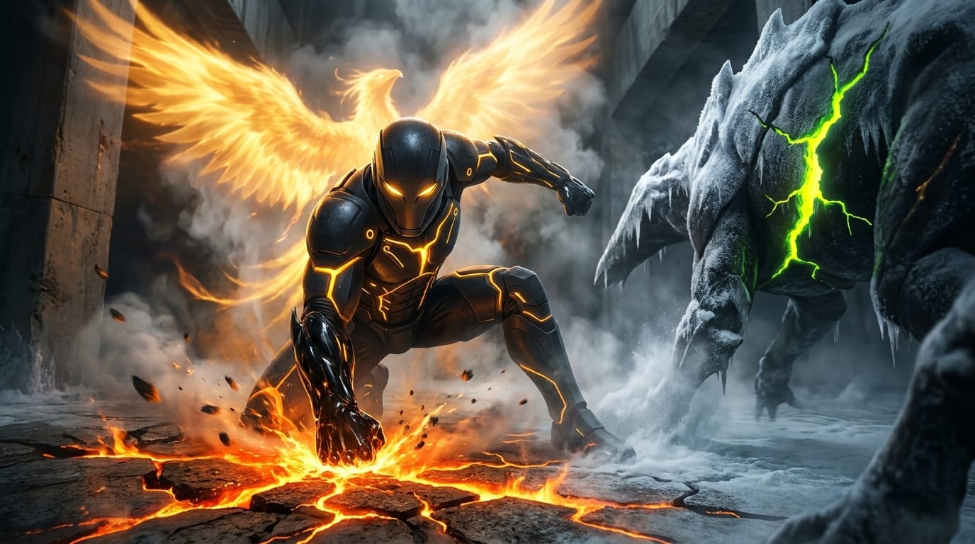 An obsidian figure with golden veins, palm to the floor, fifty screaming silhouettes facing a shadow that freezes vapor.