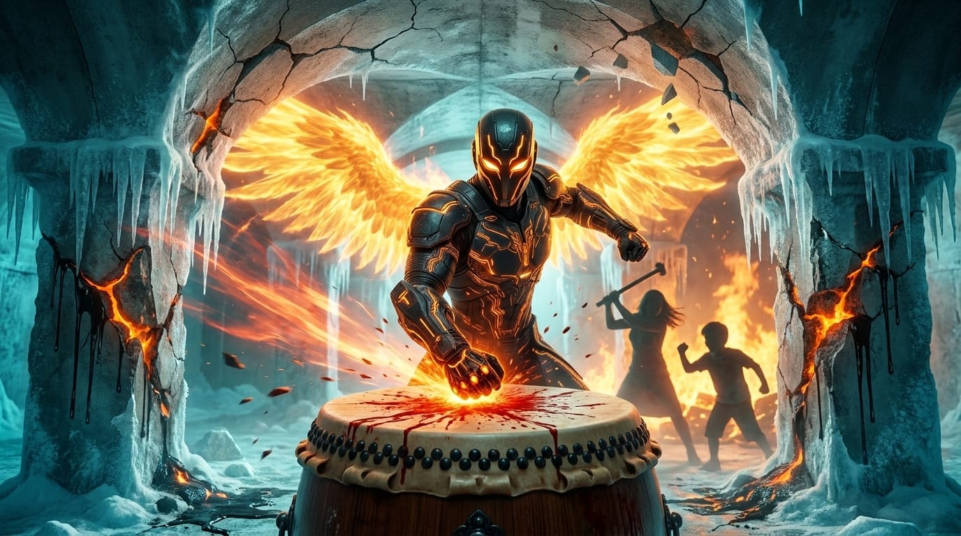 A man with glowing obsidian arms watches a woman with bleeding hands strike a drum in a melting ice cavern.