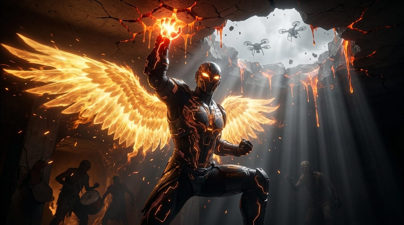 A champion with glowing obsidian fists hurls a wave at a melting concrete vault while survivors strike a bloodied drum.