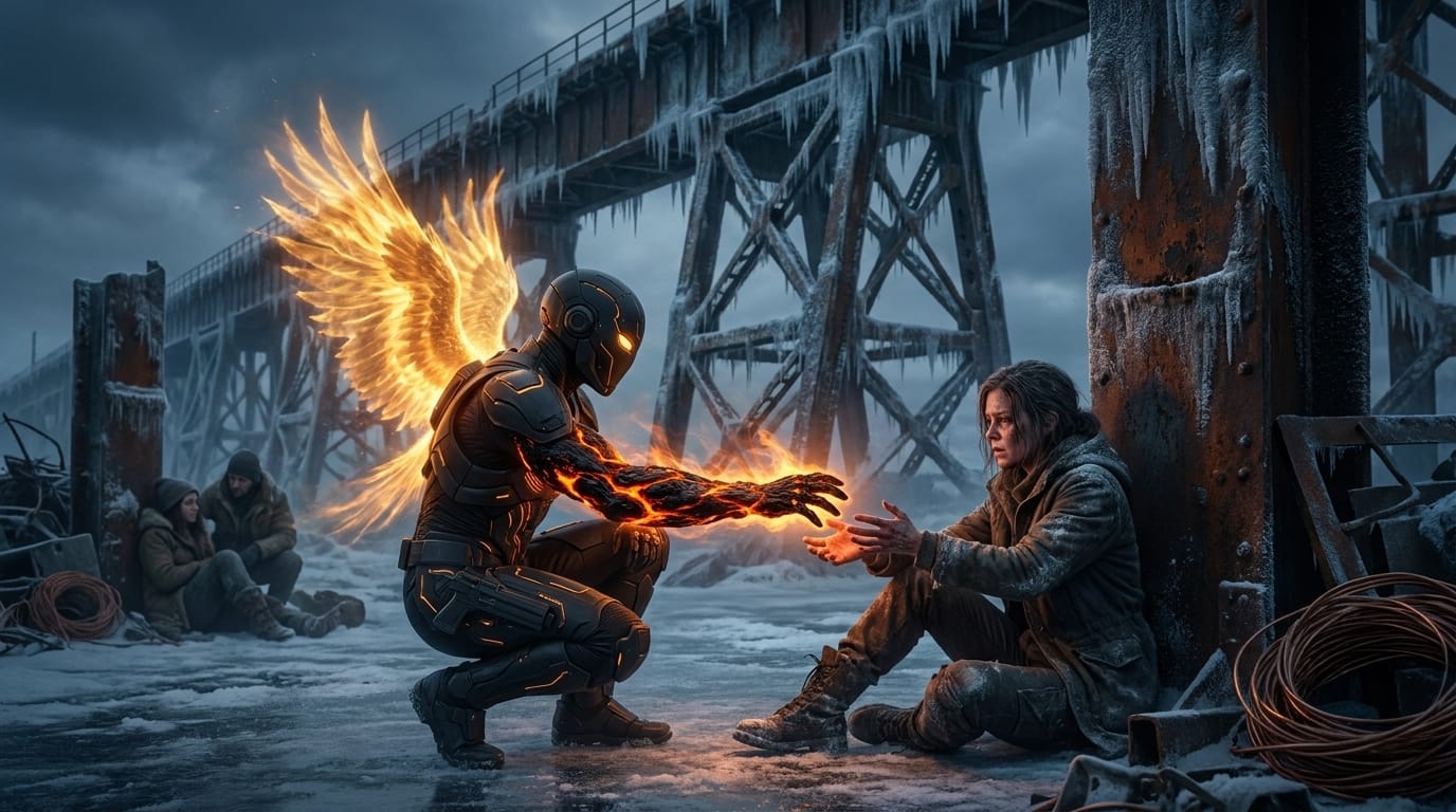A glowing black obsidian arm suspended above flayed human hands, in the gloom of a rusted viaduct.