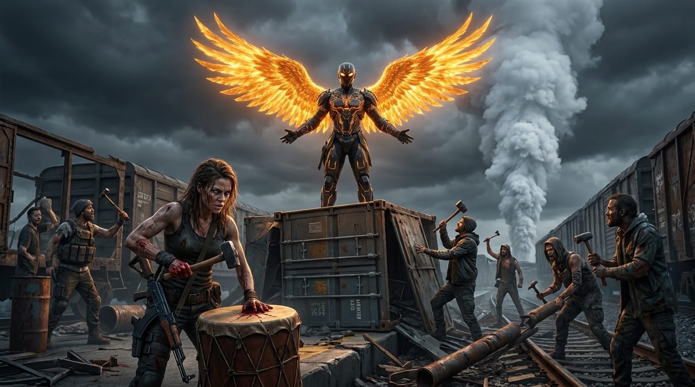 On a snow-covered platform, a woman with bleeding palms strikes a taut drum while an obsidian figure stands on an overturned crate.