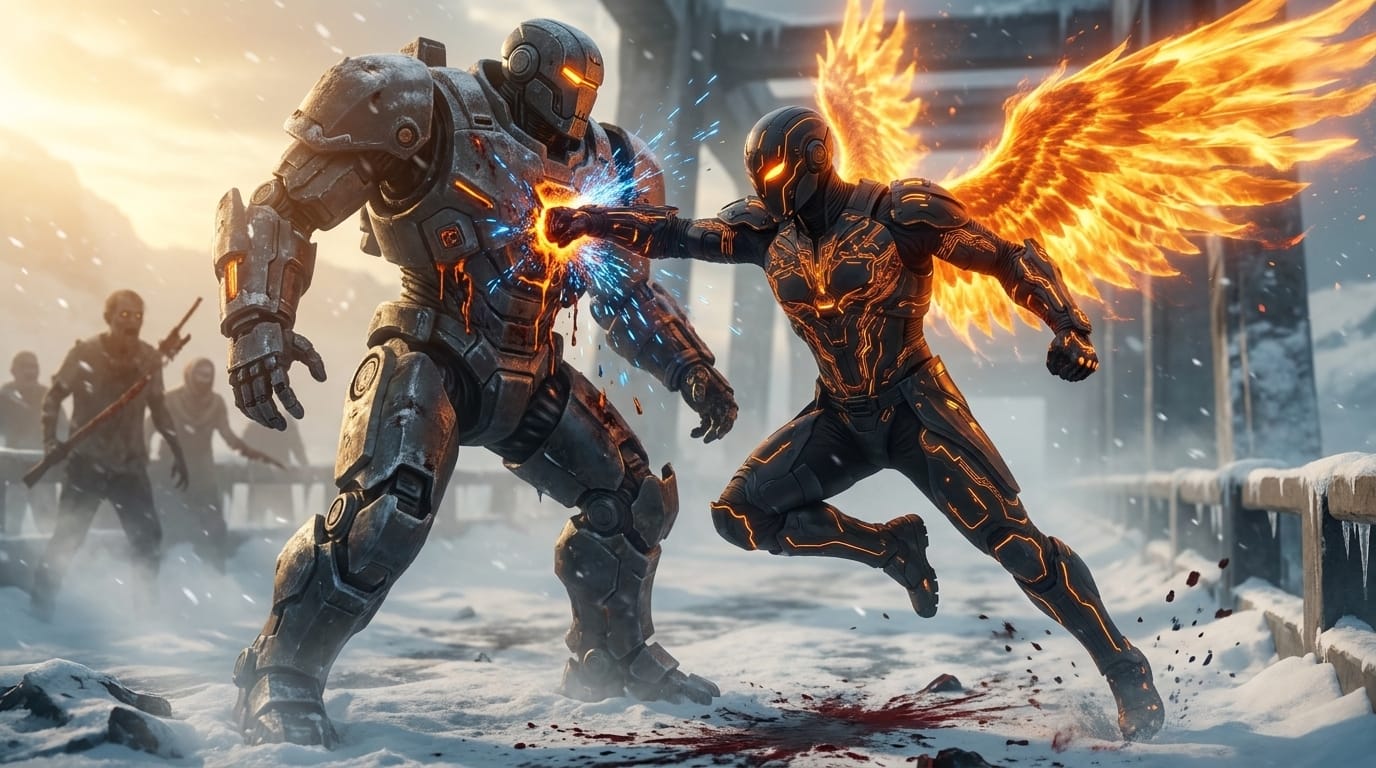 Zumbi in glowing armor watches ragged survivors fight against metallic drones in a snowstorm.