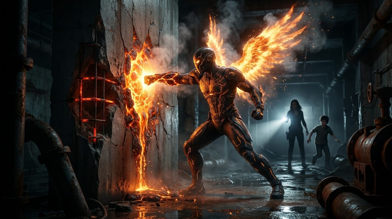 Un poing d'obsidienne incandescente fracassant un épais mur de béton, libérant une coulée de métal fondu dans un sous-sol sombre.
