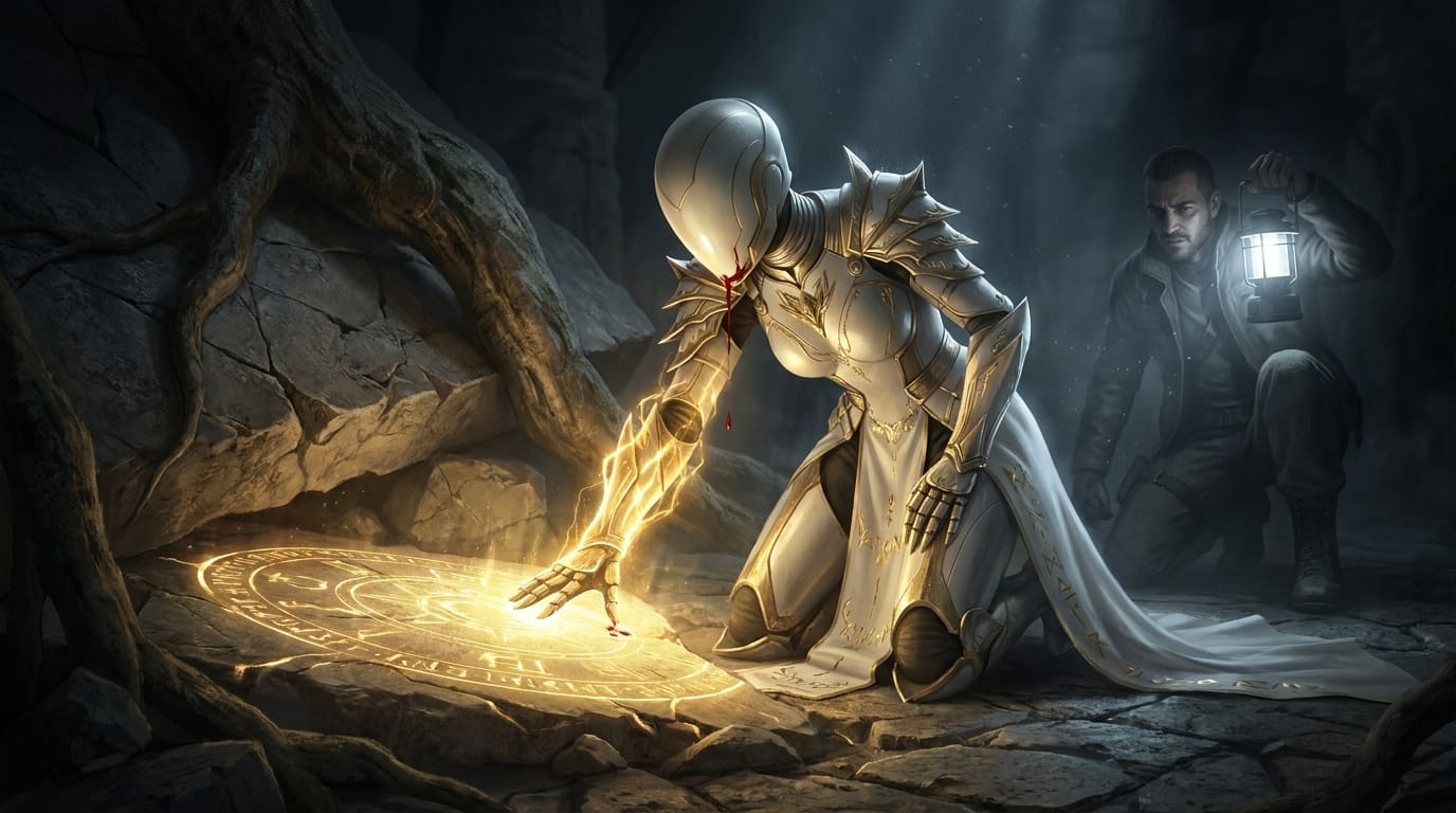 An archivist in white-and-gold armor kneeling before a cracked slab exhaling golden light.