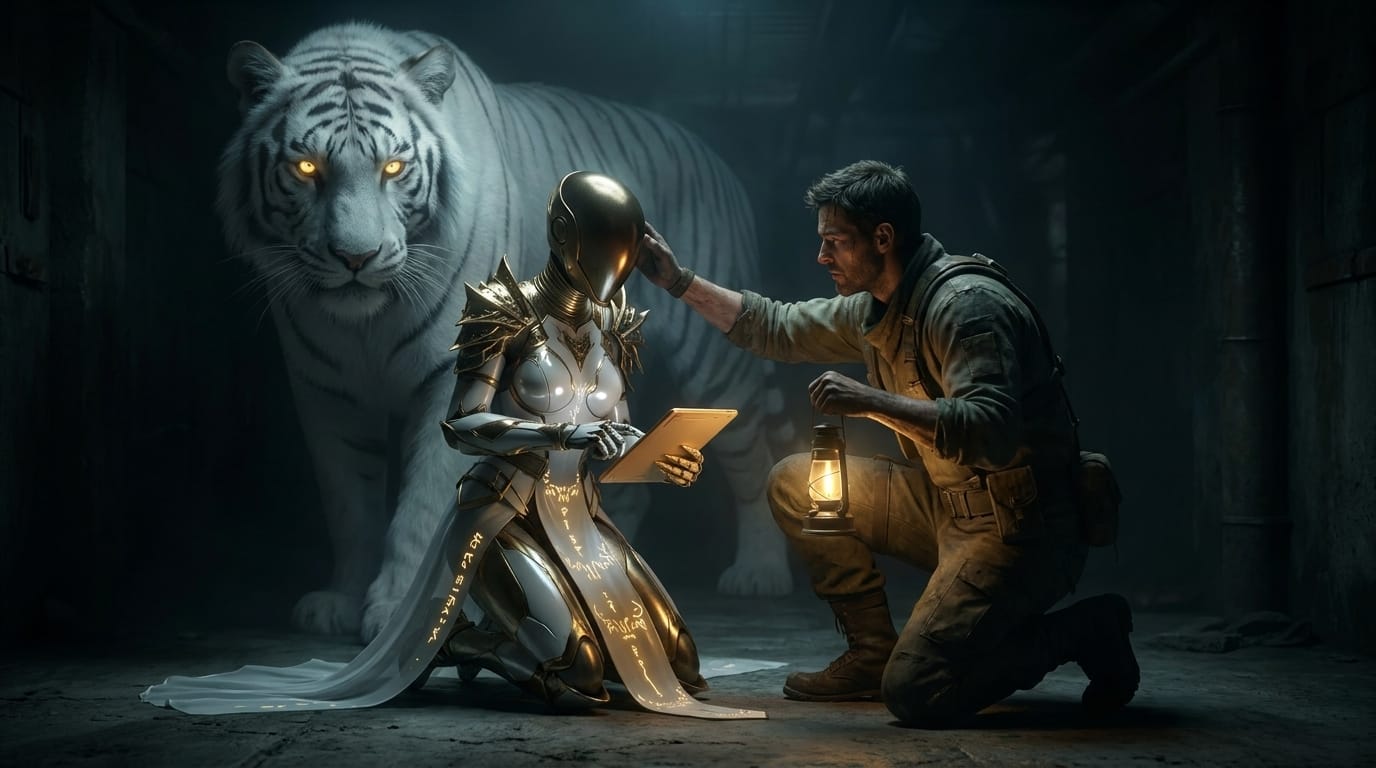 A woman in marble armor rests her hand on a dulled silicon plaque as a white tiger rises in the shadows.