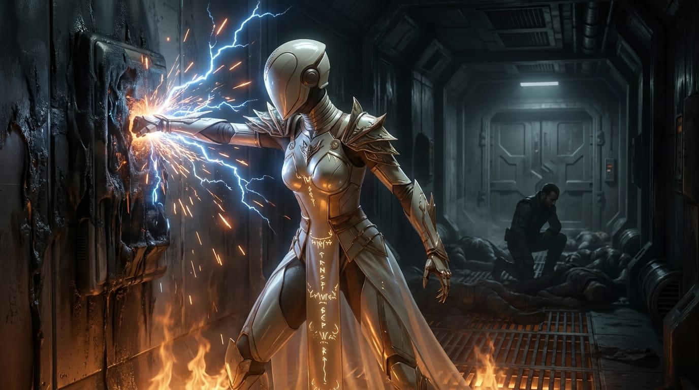NEME.SYS connects her bare hand to a blackened wall terminal amid a dark dormitory littered with corpses.