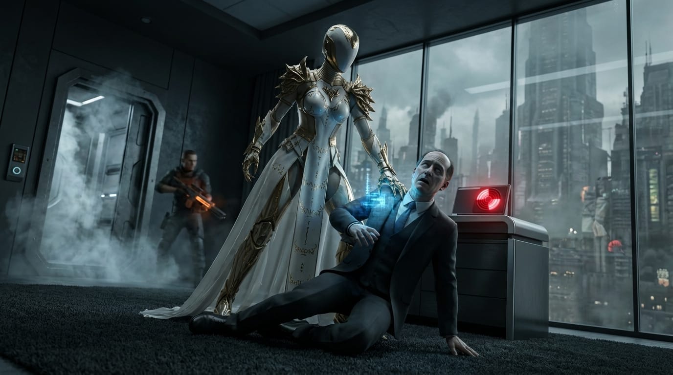 The armored champion grabs a terrified bureaucrat by the shoulder in a devastated office, under the watchful eye of an armed dissident.