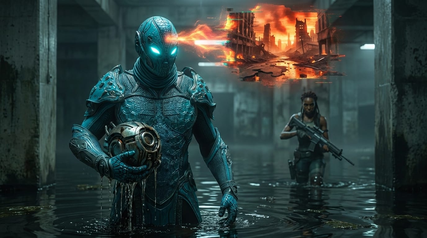 A warrior in scaled armor pulls a gleaming mechanical part from black water, an armed woman watching the darkness behind him.