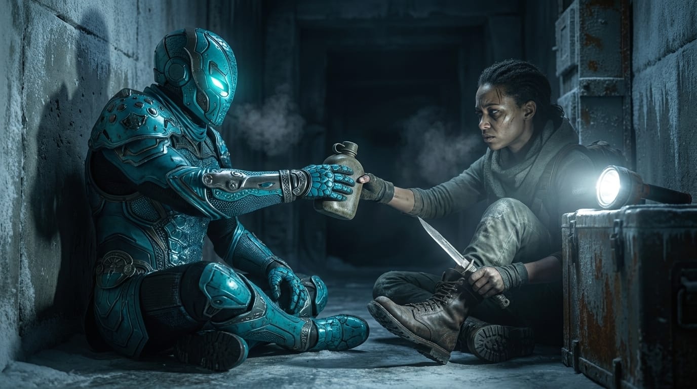 SΛLΛDIN and Astou sit side by side in a dark room, illuminated only by the white beam of a flashlight resting on the floor.