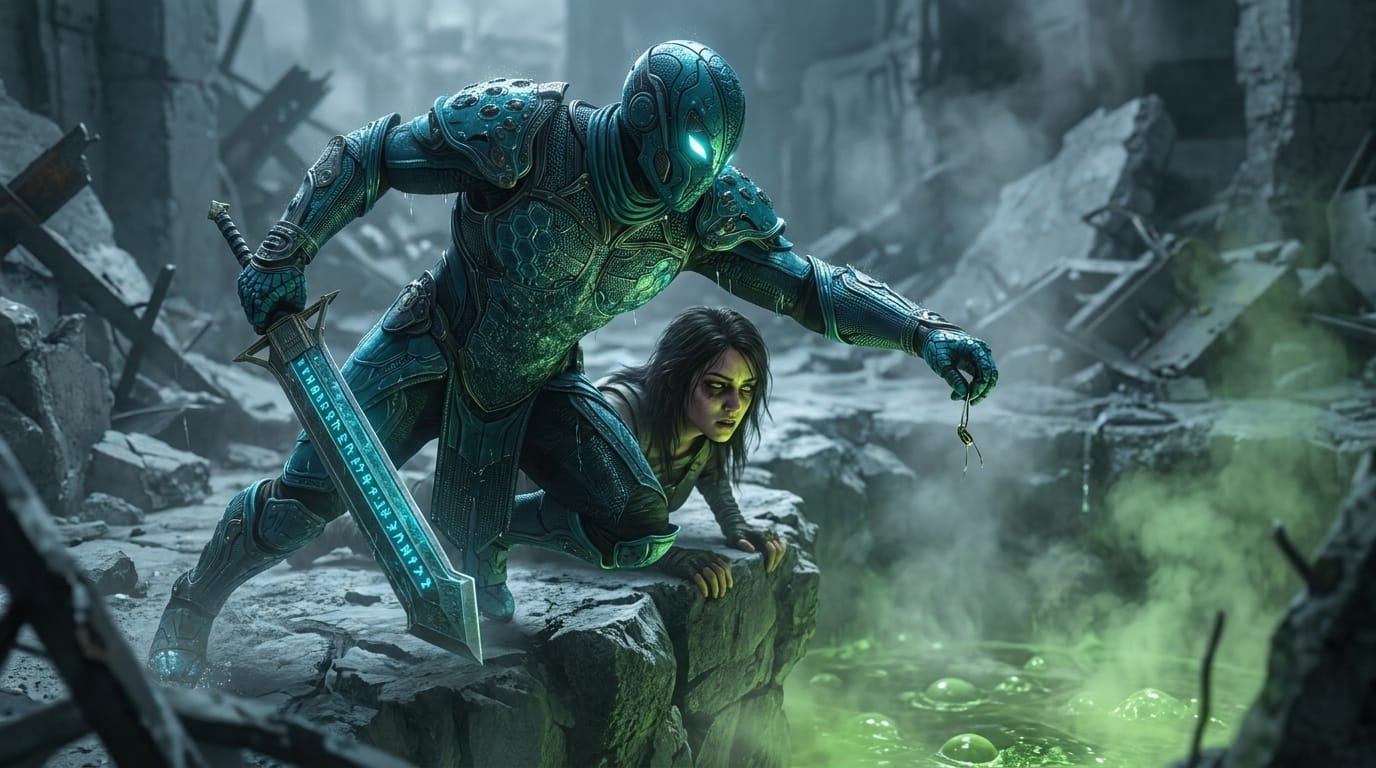 A warrior in liquid armor catches a metallic component at the last second above a bubbling vat of greenish acid.