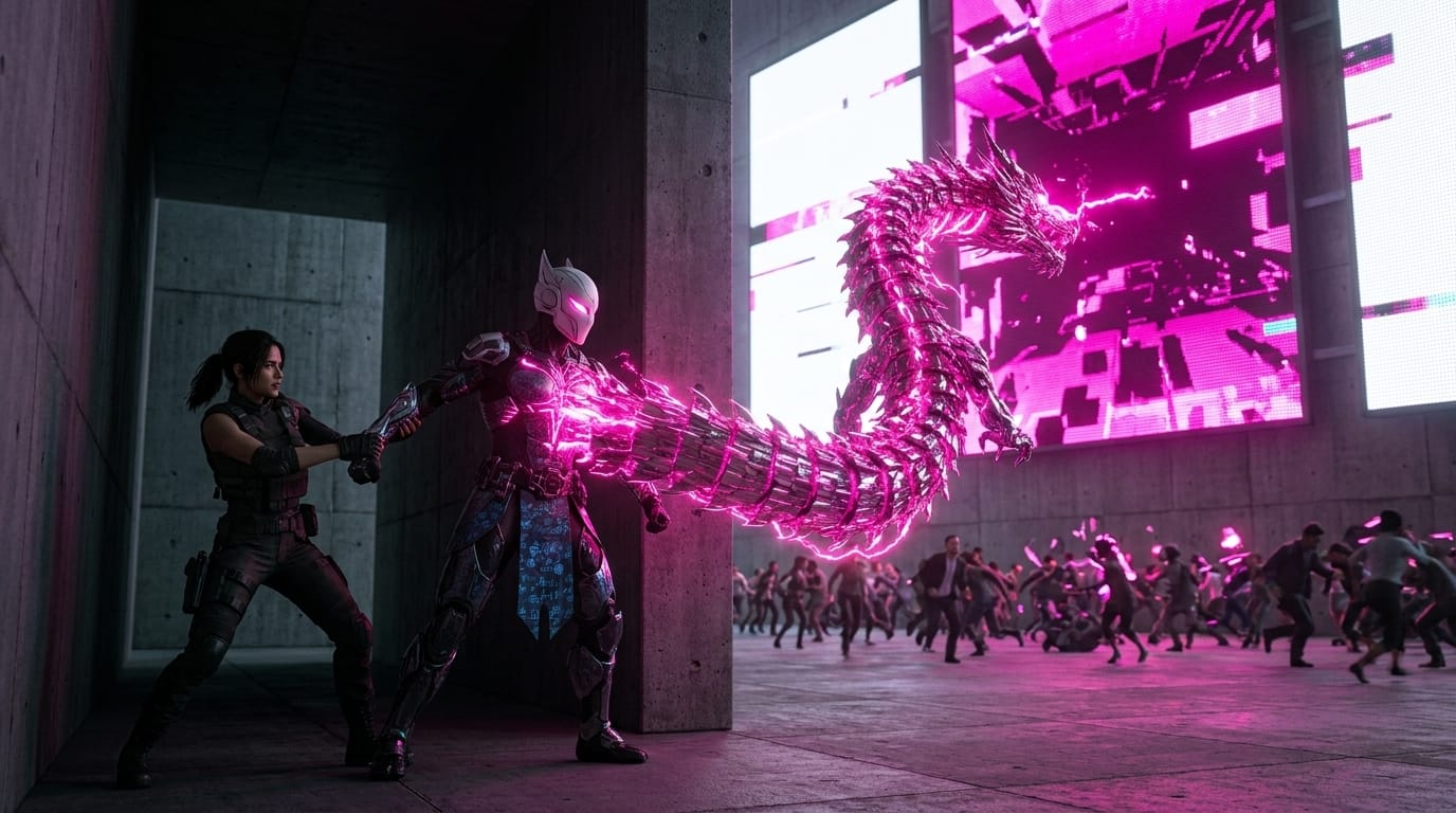 A terrified crowd recoils before six giant screens where eyeless faces stare down a fuchsia-drenched street.