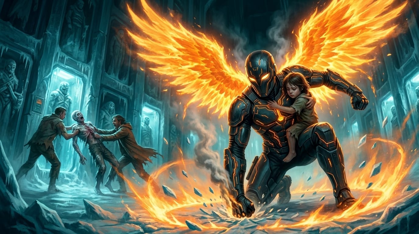 An incandescent obsidian man drags a frozen body from a crypt while survivors claw the ice bare-handed.