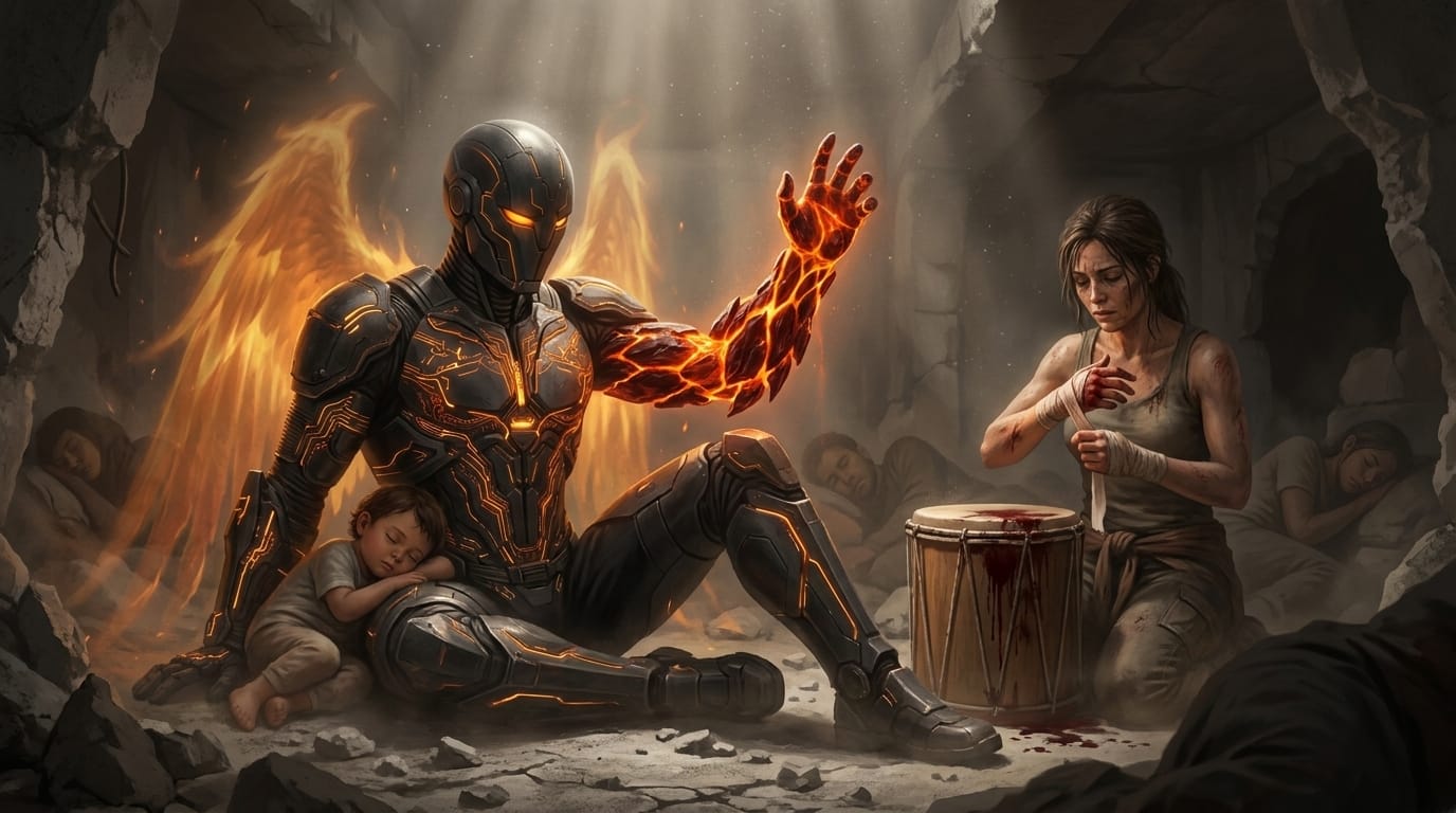 Un guerrier à la main d'obsidienne incandescente observe dans la pénombre une femme qui bande ses paumes en sang.