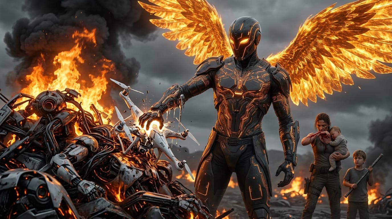 A warrior with a blackened arm melts stacked metallic drones into a smoking pyre under a grey, dusty sky.